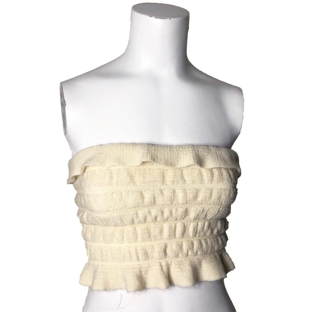 Cream Strapless Ruffle Knit Tube Top